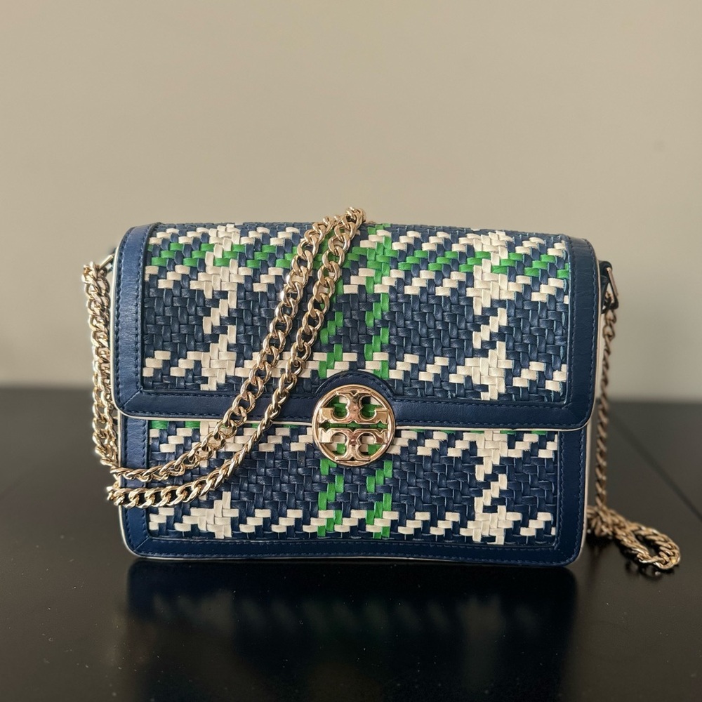 Tory Burch Duet Chain Convertible Woven Leather Shoulder Bag